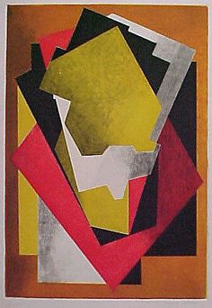 an abstract painting with red, yellow and black shapes on it's paper backing