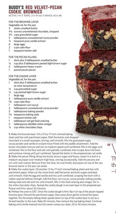 the recipe for red velvet - pecan brownies is shown in an advertisement with information about it