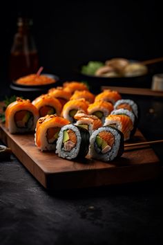 sushi on a cutting board with chopsticks next to it