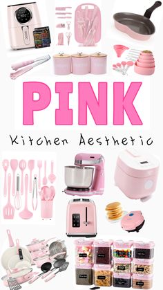 pink kitchen accessories and utensils are featured in this advertisement