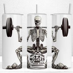 three tumbles with skeleton images on them, one holding a barbell and the other lifting a weight