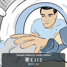 a man sitting in front of a dryer holding his hand out to the side