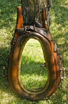 a tree trunk with chains hanging from it's sides and a horse shoe on the ground