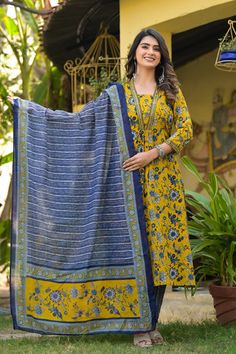 Suit Set Online USA | Yellow & Blue Viscose Printed Straight Cut Kurta Pant Set with Chanderi Cotton Dupatta – Ria Fashions Kurta Pant Set, Cotton Dupatta, Kurta With Pants, Womens Size Chart, Pant Set, Trouser Pants, Indian Wear, Straight Cut, Yellow Blue