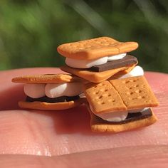 a tiny sandwich made out of crackers and marshmallows is shown on someone's finger