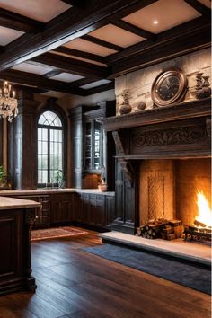 Traditional kitchen with rustic wood beams and island Old World Kitchen Island, Tudor Style Kitchen, Castle Kitchen Aesthetic, Old Castle Kitchen, Tudor Beams, Traditional Kitchen Interior, Medieval Kitchen Island Lights, Tudor Kitchen, Old World Kitchens