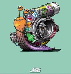 an image of a cartoon snail with cans on it's back and the words, `