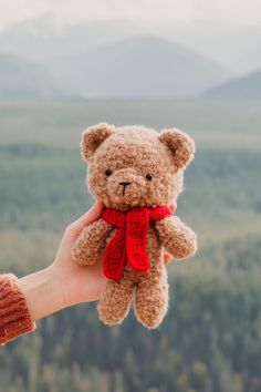 a person holding a teddy bear with mountains in the backgroung area behind them