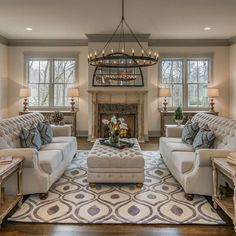 a living room filled with furniture and a fire place in the middle of a room