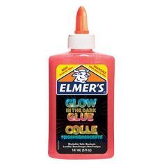 a bottle of glue that is red with yellow and blue writing on the side,