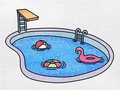 a drawing of a pool with two flamingos in it