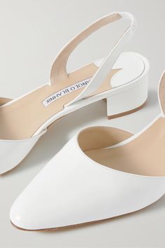 MANOLO BLAHNIK Aspro 30 patent-leather pumps | NET-A-PORTER White Manolo Blahnik, Manolo Blahnik White, Manolo Blahnik Red, White Heels Wedding, White Bridal Shoes, Chanel Heels, Ivory Pumps, White Block Heels, Manolo Blahnik Pumps