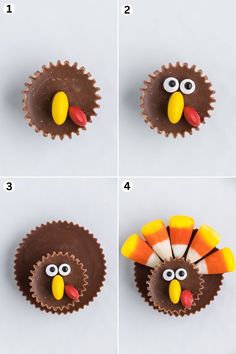 four pictures showing how to make a turkey cupcake with chocolate frosting and candy