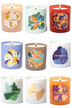 six candles with different designs on them, all in different colors and sizes are shown