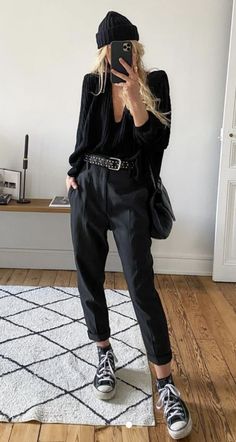 *this is a commissionable link Edgy Outfits All Black, Black City Outfit, Rock Chic Office Outfit, Confidence Outfit Aesthetic, Tough Feminine Style, Fun Black Outfits, Interesting All Black Outfits, Winter Edgy Outfits Street Style, Style In Your 30s Edgy