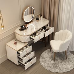 a white chair sitting in front of a vanity with drawers and mirror on top of it