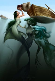 two mermaids are swimming in the water next to a boat