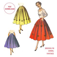 two women's skirts, one in yellow and the other in red with buttons