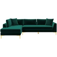 a green sectional couch with gold legs and pillows on the back, in front of a white background