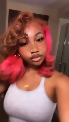 @whimperaudios Pink Skunk Stripe Hairstyles, Copper And Pink Hair Black Women, Peekaboo Hair Styling, Skunk Strip Ideas, Colored Silk Press For Black Women, Natural Color Hairstyles For Black Women, Ginger And Pink Skunk Stripe, Natural Hairstyles Colored Hair, Strawberry Shortcake Hair On Black Women