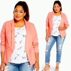 This Work-Ready Blazer Will Be The Talk Of The It Room. The Light, Stretchy Material Is Great For Business Casual, While The Salmon Pink Hue And Cutaway Front Will Heat Up The Office Gossip. Color : Peacy Orange/Pink Size : 3 Rayon/Nylon/Spandex Wash Cold, Line Dry Imported Plus Size Blazer Office Gossip, Plus Size Blazer, The Talk, Salmon Pink, Colored Blazer, Orange Pink, Stretchy Material, Business Casual, Blazer Suit