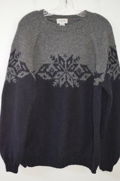 J.Crew Blue/Gray Snowflake 100% Wool Crew Neck Hand Knit Sweater Size Medium.  Sweater measures approximately 24" armpit to armpit lying flat, 24" sleeve length, 29" overall length.  Clothes come from a nonsmoking pet free home. Thanks for looking. All pre-owned items are just that - with variable levels of wear and fit. If unsure, please ask questions. Upon receipt of your item you happen to find a flaw not stated in the listing description, please email me in order to rectify your concern. Neg Gray Nordic Sweater For Fall, Gray Long Sleeve Nordic Sweater, Gray Nordic Long Sleeve Sweater, Gray Wool Sweater For Cold Weather, Gray Fair Isle Winter Outerwear, Gray Wool Sweater, Cozy Gray Sweater With Fair Isle Pattern, Nordic Gray Crew Neck Sweater, Gray Nordic Crew Neck Sweater