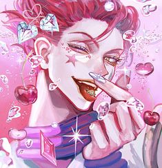 a painting of a man with pink hair holding a cell phone in his hand and blowing bubbles around him