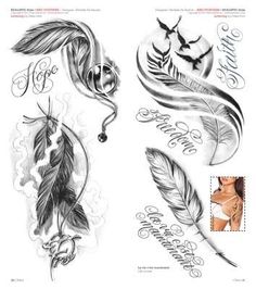 some tattoos that are on the back of a woman's shoulder and arm, with feathers