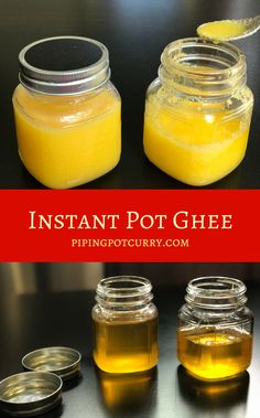 three jars filled with yellow liquid sitting on top of a black table next to two spoons