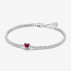 Go for timeless style with a pop of colour with the Red Sparkling Heart Tennis Bracelet. One heart-shaped red man-made crystal forms the center of this sterling silver tennis bracelet. Adjustable and dynamic, the rest of the bracelet features clear sparkling bead-set stones. One sparkling stone dangles from the end of the clasp. With its delicate heart motif, this Pandora heart tennis bracelet is a sweet gift for the one you love. - Pandora Red Sparkling Heart Tennis Bracelet - Sterling silver / Pandora Red Heart Set, Elegant Heart-shaped Crystal Bracelet For Valentine's Day, Elegant Heart-shaped Crystal Bracelet For Wedding, Elegant Silver Heart-shaped Tennis Bracelet, Elegant Heart-shaped Sterling Silver Bracelet For Formal Occasions, Elegant White Gold Heart Tennis Bracelet, Elegant White Gold Heart-shaped Tennis Bracelet, Silver Bracelets For Valentine's Day Formal Occasion, Silver Bracelets For Valentine's Day Formal Event