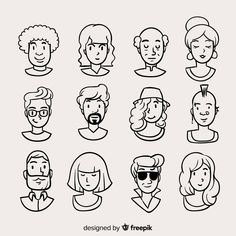 a set of people avatars with different facial expressions and hairstyles in black and white