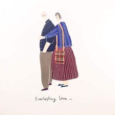 an image of two people walking together with bags on their backs and the words everlasting love above them