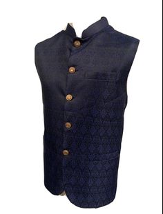 This is a steampunk brocade vintage design high neck collar waistcoat . It has 3 pockets on the front and is fully lined. This fits a 46" chest. Length is approx 27" Thank you for looking Traditional Fitted Nehru Jacket With Pockets, Blue Nehru Jacket With Stand Collar For Winter, Blue Winter Nehru Jacket With Stand Collar, Fitted Nehru Jacket With Stand Collar And Pockets, Winter Fitted Brocade Nehru Jacket, Blue Nehru Jacket For Semi-formal Winter Events, Fitted Nehru Jacket With Stand Collar, Fitted Nehru Jacket With Pockets For Winter, Fitted Sleeveless Nehru Jacket For Winter