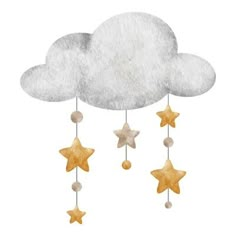 a white cloud with stars hanging from it's sides and two yellow stars dangling from the clouds