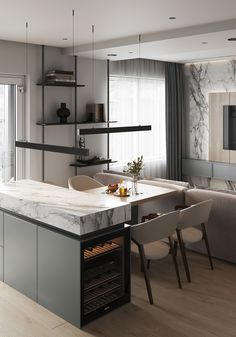 a modern kitchen with marble counter tops and built - in wine racks, is shown