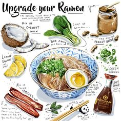 the ingredients for an unwrapped ramen are shown in this hand drawn illustration