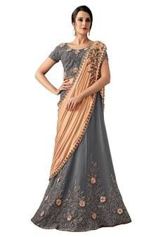 Lehenga Saree | Designer Lehenga Style Sari Online Shopping Party Wear Lehenga Style, Bridal Lehenga White, Grey Lengha, Lehenga White, Grey Lehenga, Simple Blouses, Peach Lehenga, Sari Lehenga, Sabyasachi Bridal