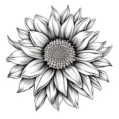 a black and white drawing of a large sunflower with leaves on it's petals