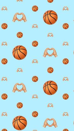 a blue background with basketballs and hands making a heart shape