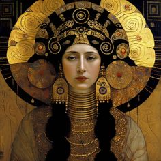 an artistic painting of a woman in gold and black with intricate details on her face