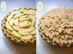 two pictures showing the same pie crust with apples in it