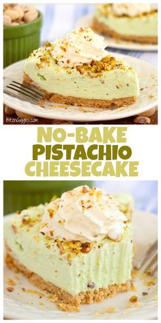 no - bake pistachio cheesecake on a white plate