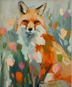 an oil painting of a fox sitting in the grass with flowers around it's neck