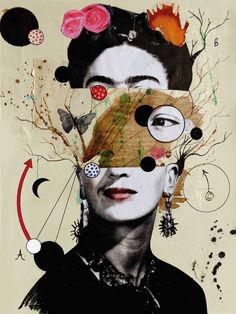 a collage of a woman's face with circles and flowers on her head