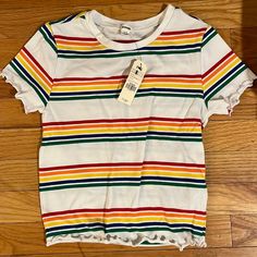 Size Small Garage Lettuce Edge Baby Tee Casual Rainbow Short Sleeve Top, Rainbow Cotton Tops For Spring, Casual Rainbow Crew Neck Tops, Casual Rainbow Cotton Tops, Striped Graphic Tee For Spring, Spring Rainbow Graphic Print Tops, 80's Clothes, Small Garage, Garage Tops