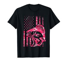 a black t - shirt with an american flag and a fish on the front, in pink