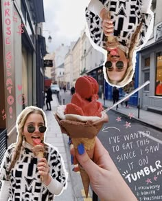 a woman eating an ice cream cone on the side of a street with her friends