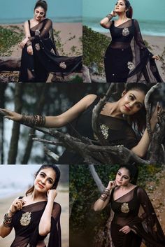 the woman is posing on the beach in her sari and holding onto a tree branch