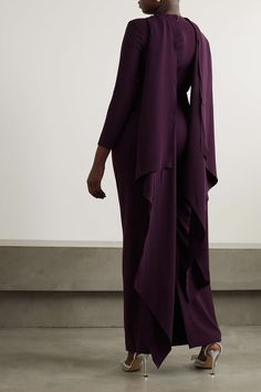 Chic Purple Floor-length Gown, Chic Purple Evening Gown, Elegant Purple Wedding Guest Gown, Elegant Gown With Draped Sleeves And Cape, Dark Purple Gown, Morocco Fashion, Modest Dresses Fashion, Solace London, Purple Gowns