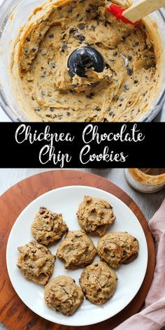 chocolate chip cookies in a glass bowl and on a white plate with a wooden spoon